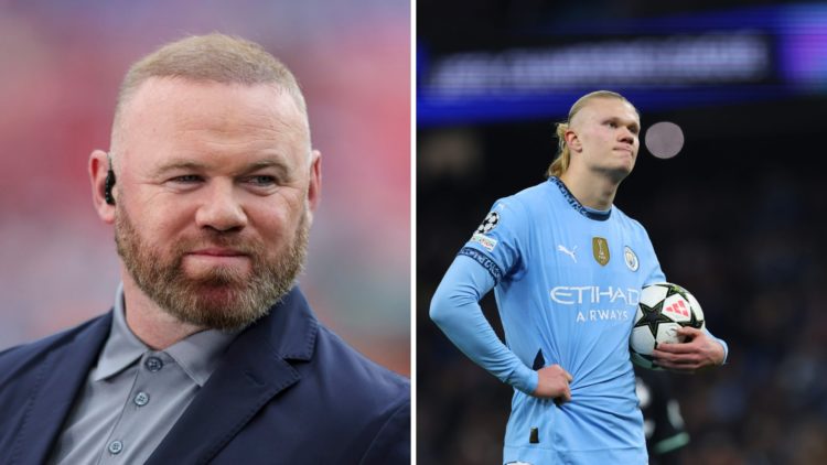 Split image - Wayne Rooney smiling while doing punditry work (left) Erling Haaland standing still with a ball under his arm (right)