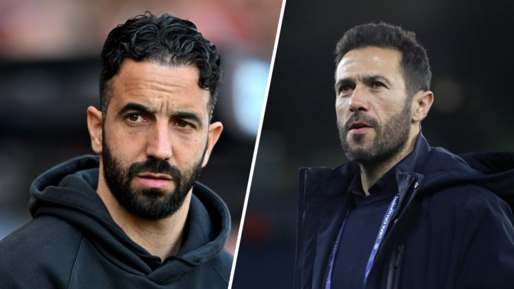 Split Image - Ruben Amorim's face with a concerned look (left) Close up of Hugo Viana walking ahead of a Sporting CP match (right)