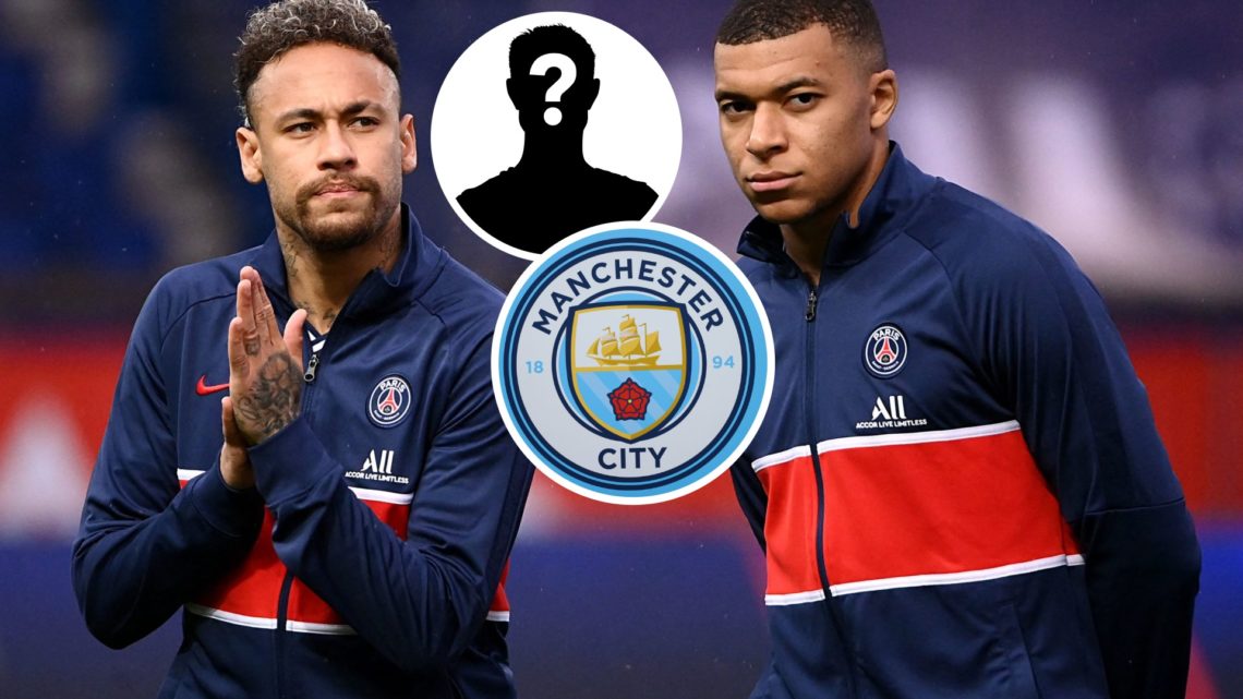 Image of Neymar and Kylian Mbappe with Manchester City badge and mystery person inset