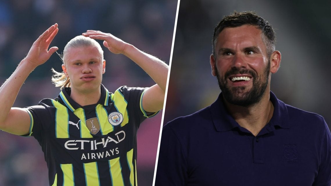 Split image - Erling Haaland with his cheeks puffed and his hands over his head in action for Man City (left) Close up of Ben Foster with a smile o...
