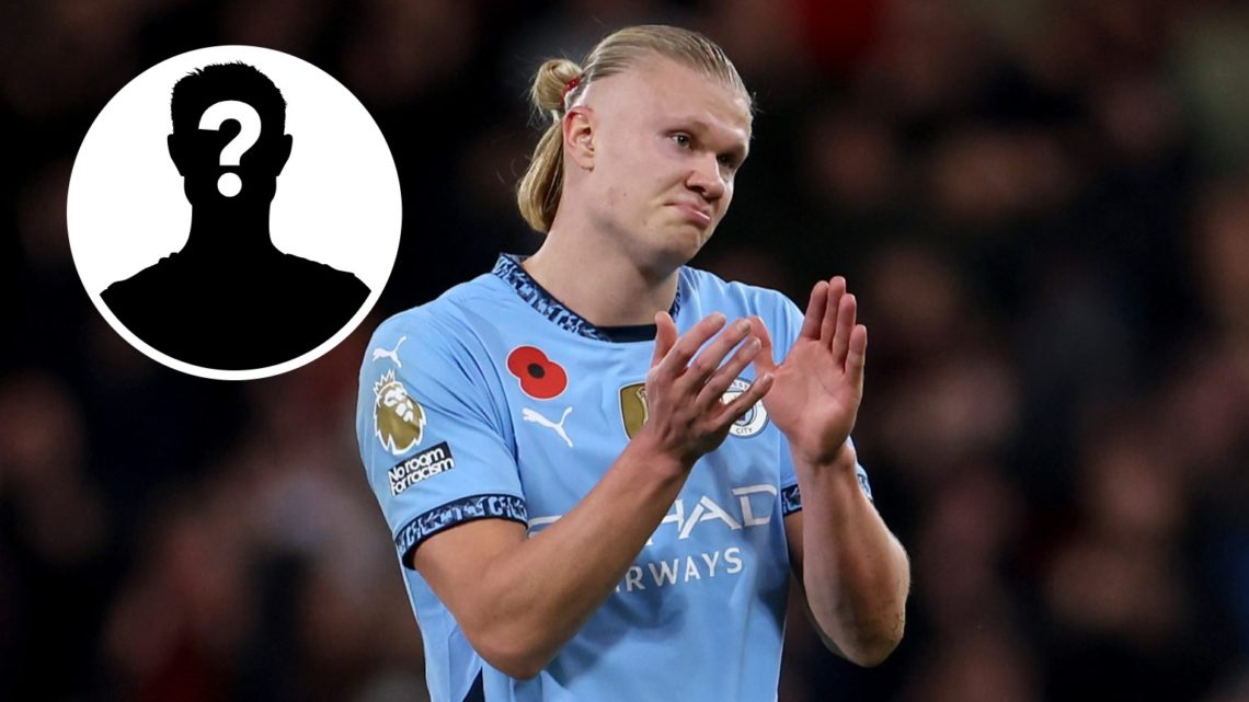 Erling Haaland clapping with a funny look on his face (main image) mystery player inset (top left corner)