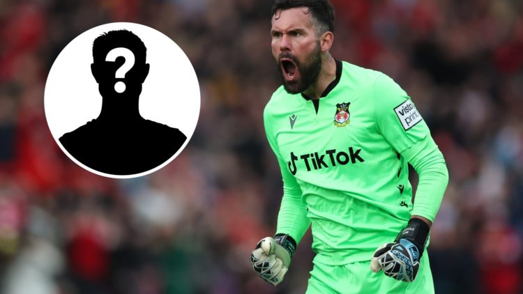Ben Foster shouting while in goal for Wrexham (main image) mystery player inset (top left corner)