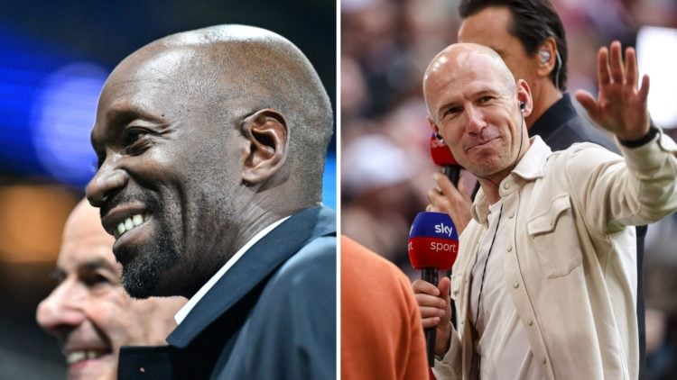 Split image - side shot of Claude Makelele's head (left) Arjen Robben waves with a Sky Sports microphone in his right hand (right)