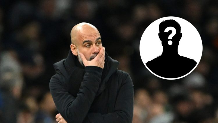 Pep Guardiola looking sad with his hand on his chin (main image) mystery player inset (top right corner)