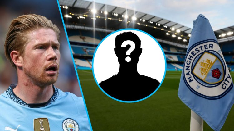 Manchester City star Kevin De Bruyne looks on (left), Etihad Stadium general view (right), mystery player (inset)