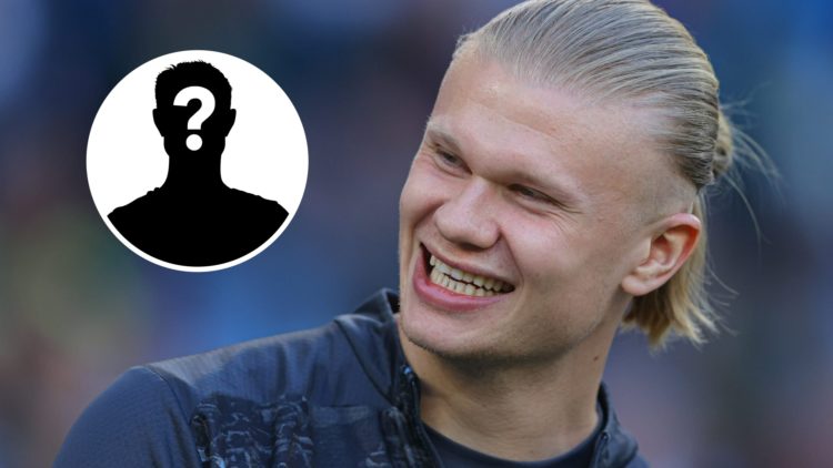 Close up of Erling Haaland's face whilst smiling (main image) mystery player inset (top left corner)