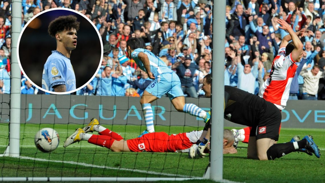 Sergio Aguero runs away in celebration after scoring famous goal against QPR (main image) Inset of Nico O'Reilly face during a Man City match (top ...