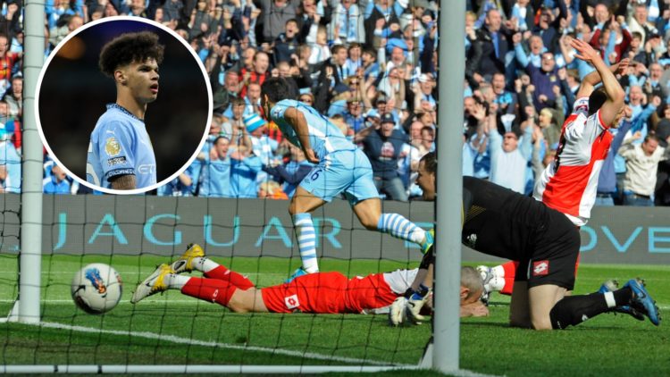 Sergio Aguero runs away in celebration after scoring famous goal against QPR (main image) Inset of Nico O'Reilly face during a Man City match (top ...