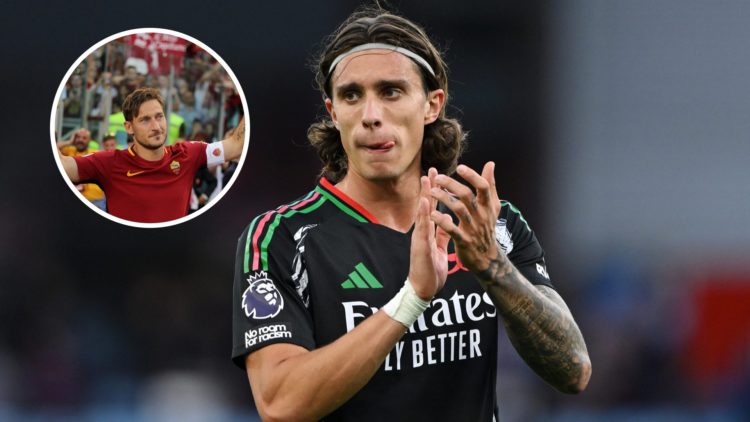 Riccardo Calafiori clapping in a black Arsenal jersey (main image) inset of Francesco Totti in a Roma jersey with his hands up in the air (top left...