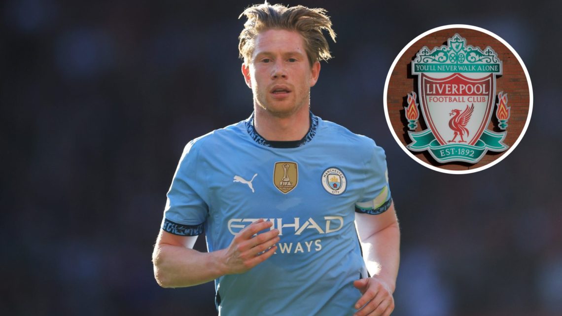 Kevin De Bruyne running during a match for Man City (main image) inset of the Liverpool badge on The Kop stand (top right corner)