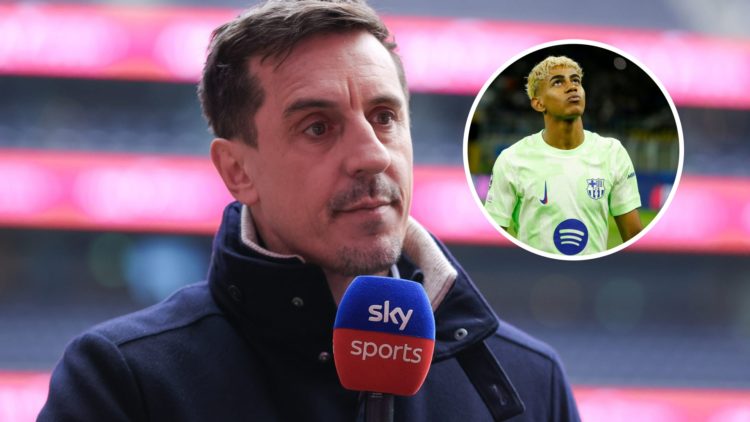 Gary Neville with a Sky Sports microphone in front of his face (main image) inset of Lamine Yamal looking up to the sky (top right corner)