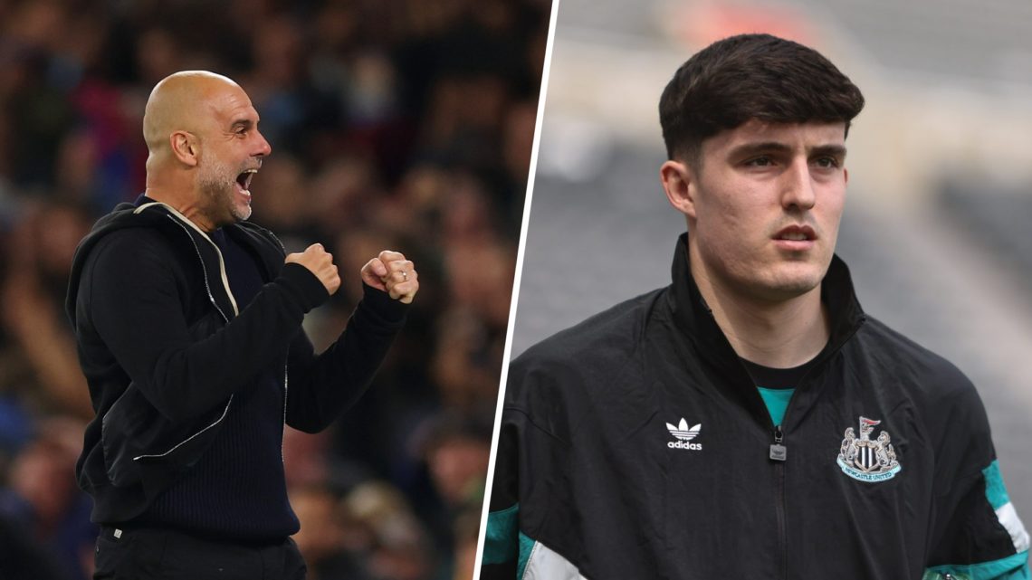 Split image - Pep Guardiola roars as he celebrates a Man City goal (left) Close up of Tino Livramento's face (right)