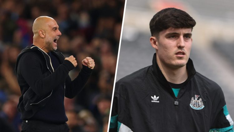 Split image - Pep Guardiola roars as he celebrates a Man City goal (left) Close up of Tino Livramento's face (right)