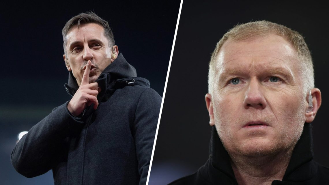 Split image - Gary Neville with his finger on his lips telling someone to keep quiet (left) close up of Paul Scholes' face (right)