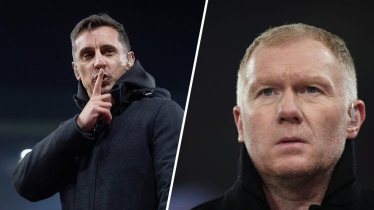 Split image - Gary Neville with his finger on his lips telling someone to keep quiet (left) close up of Paul Scholes' face (right)