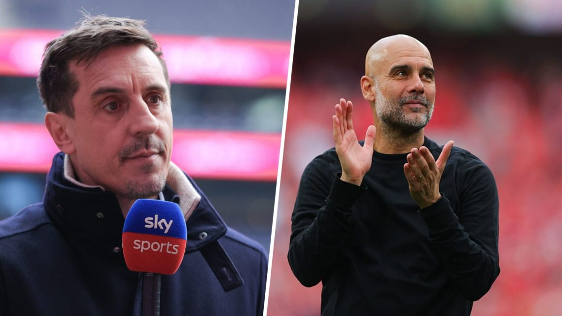 Split image - Gary Neville with a Sky Sports microphone in his hand (left) close up of Pep Guardiola clapping to Man City fans (right)