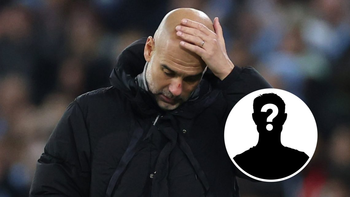 Pep Guardiola with his hand on his head and a scratch on his nose (main image) mystery player inset (top right corner)