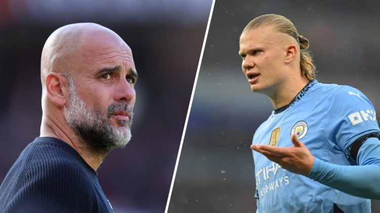Split image - Close up of Pep Guardiola's face with a concerned look (left) Erling Haaland looks angry with his hand raised (right)