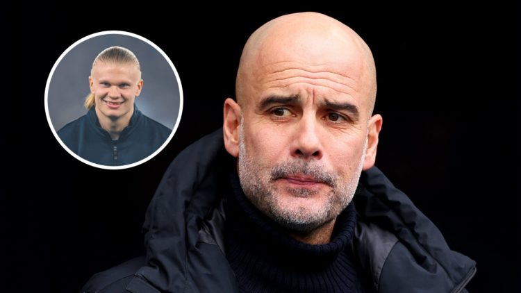 Close up of Pep Guardiola's face (main image) overlay of Erling Haaland smiling (top right corner)