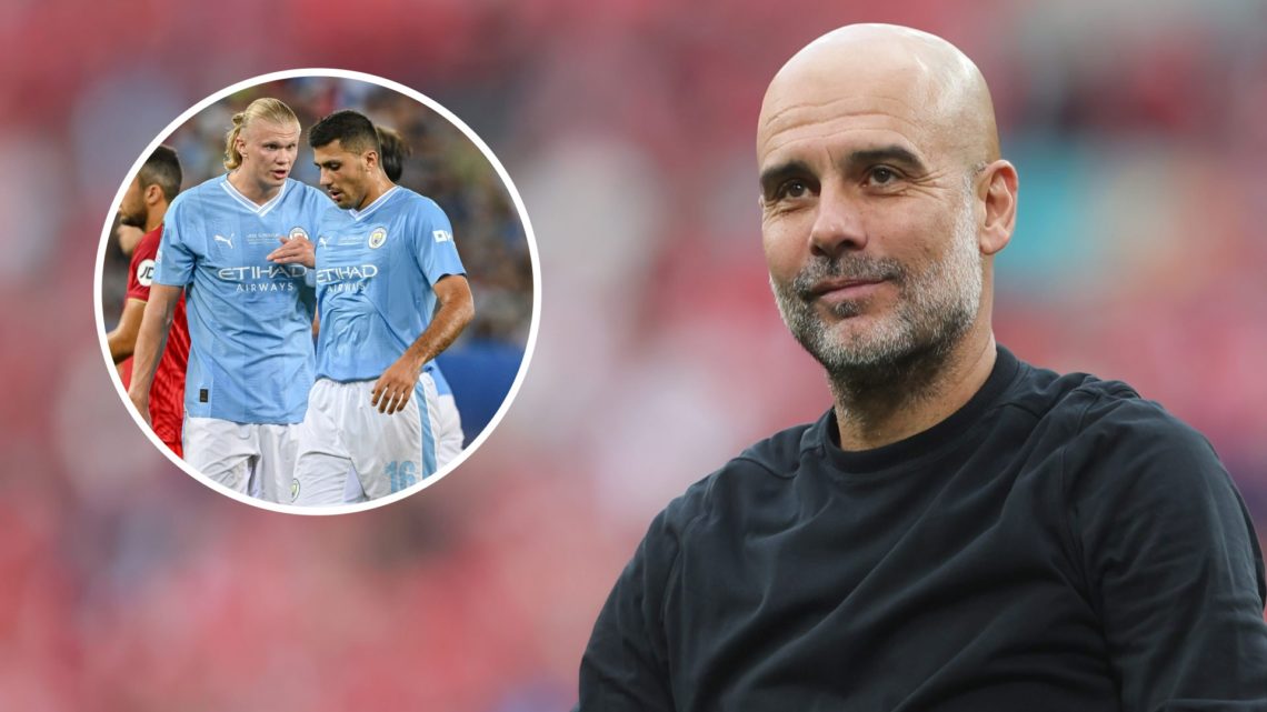 Close up of Pep Guardiola with a smile on his face (main image) Inset of Erling Haaland explaining something to Rodri (top left)