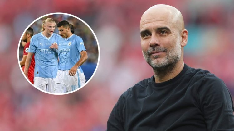 Close up of Pep Guardiola with a smile on his face (main image) Inset of Erling Haaland explaining something to Rodri (top left)