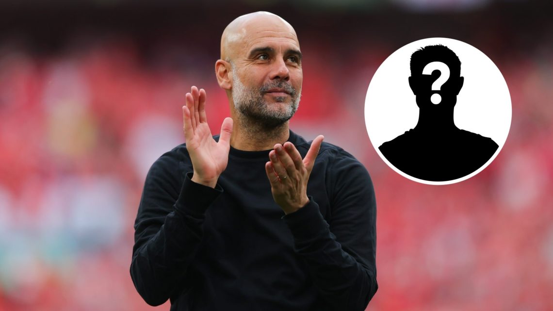 Pep Guardiola clapping his hands whilst smiling (main image) mystery player inset (top right corner)