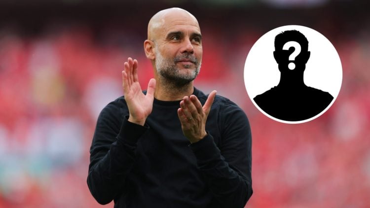 Pep Guardiola clapping his hands whilst smiling (main image) mystery player inset (top right corner)
