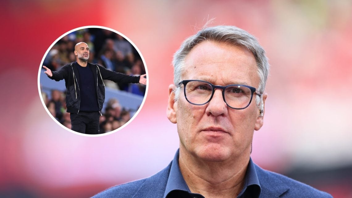 Close up of Paul Merson's face (main image) inset of Pep Guardiola looking angry with his hands out wide (top right corner)