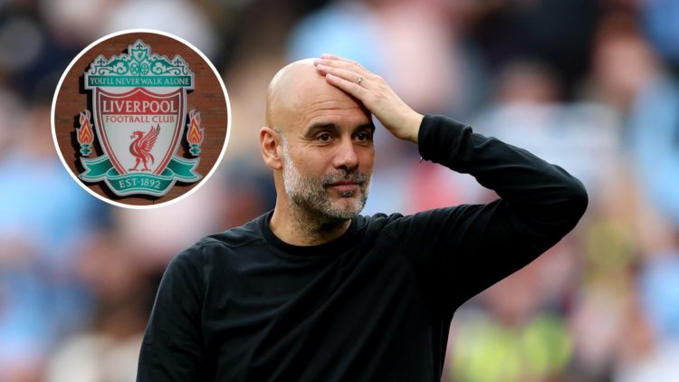 Pep Guardiola looks shocked with his hand on his head (main image) inset of the Liverpool badge on The Kop stand (top left corner)