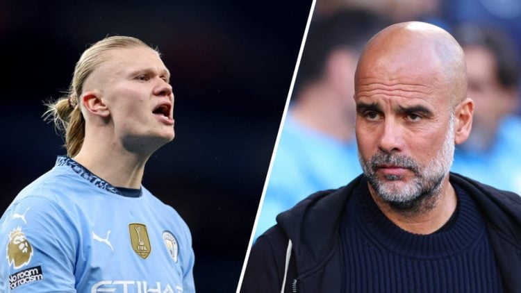 Split image - Erling Haaland's head with his mouth open during a Man City match (left) Close up of Pep Guardiola's face with a serious look (right)