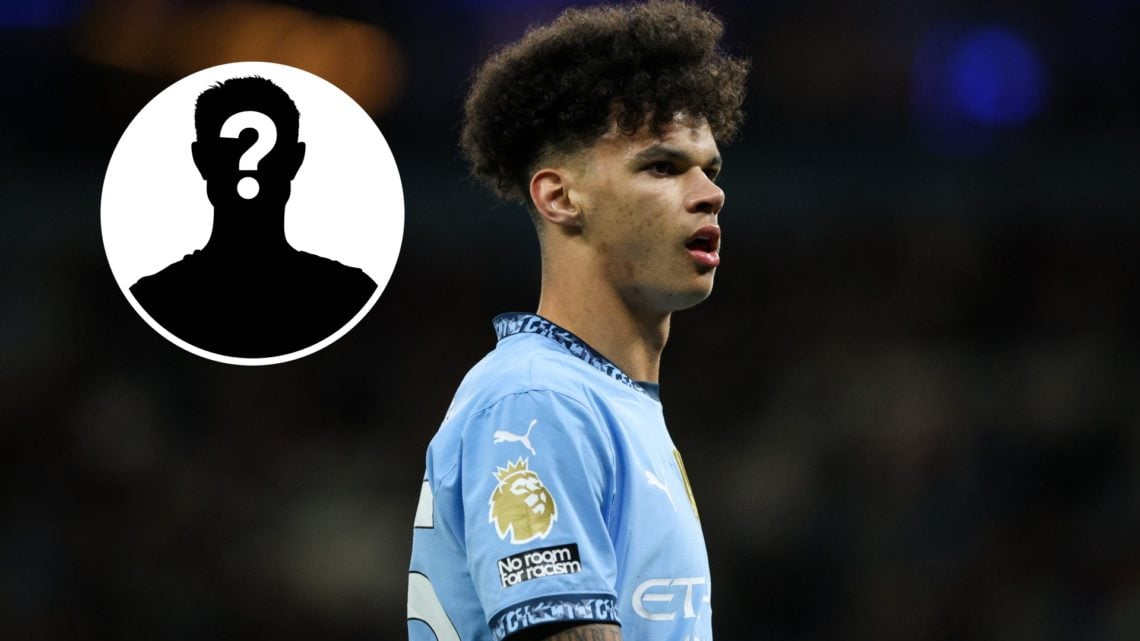 Close up of Nico O'Reilly's head in action for Man City (main image) mystery player inset (top left corner)