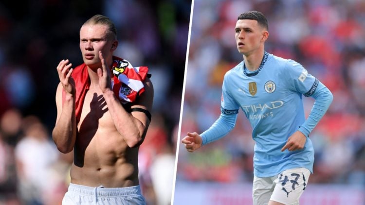 Split image - Erling Haaland clapping with his shirt off (left) close up shot of Phil Foden in action for Man City (right)