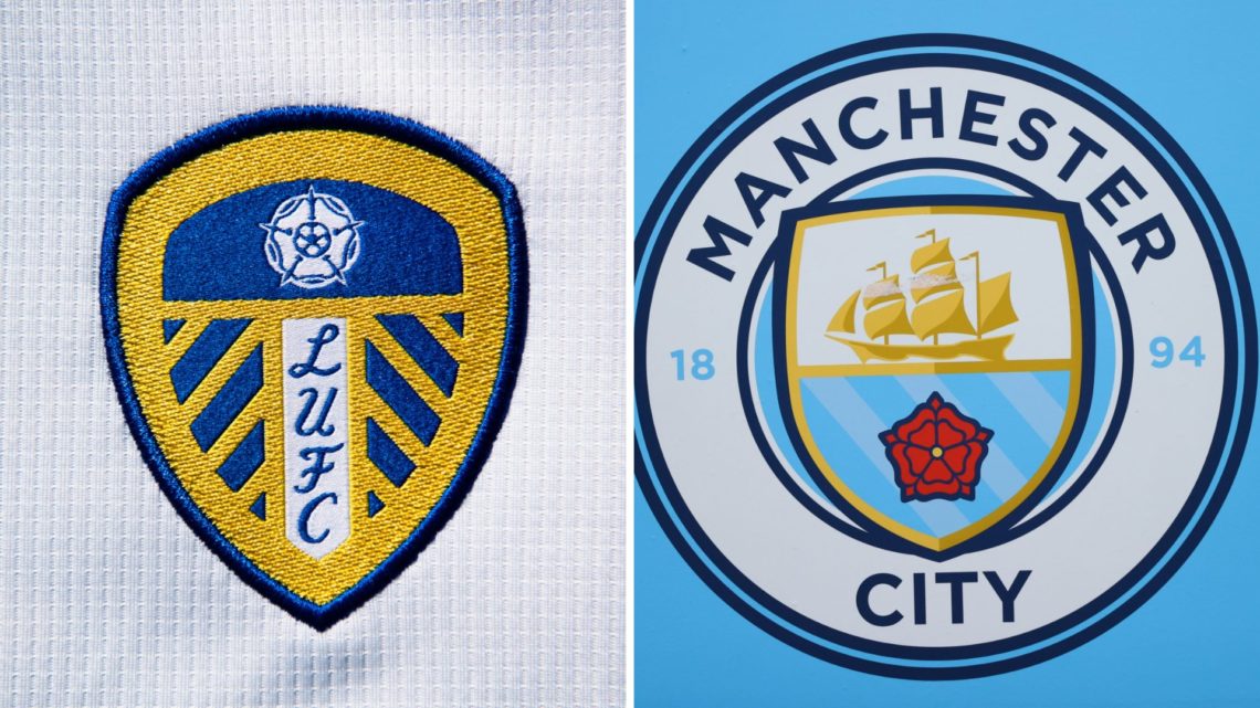 Split image of the Leeds United badge and the Manchester City badge