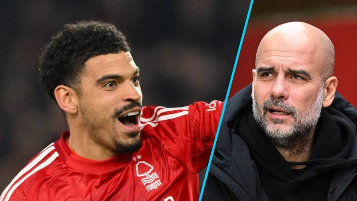 Morgan Gibbs-White playing for Nottingham Forest (left), Manchester City manager Pep Guardiola (right)