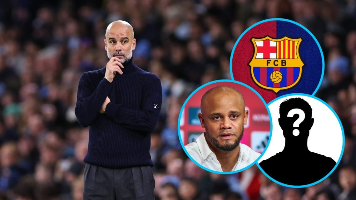 Manchester City manager Pep Guardiola looking pensive (left), Bayern Munich manager Vincent Komany (left inset), Barcelona badge (top inset), myste...