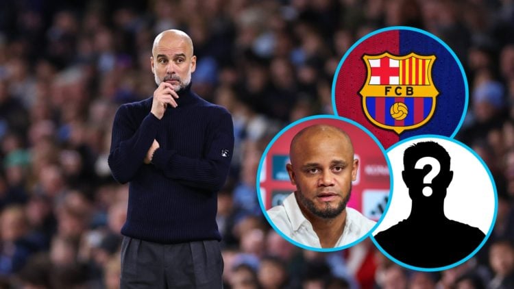 Manchester City manager Pep Guardiola looking pensive (left), Bayern Munich manager Vincent Komany (left inset), Barcelona badge (top inset), myste...