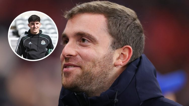 The side of Fabrizio Romano's head as the journalist smiles (main image) inset of Tino Livramento smiling while walking in a Newcastle tracksuit (t...