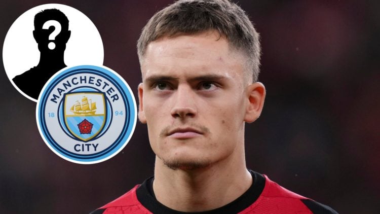Image of Florian Wirtz with Manchester City badge and mystery figure inset