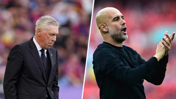 Split image - A dejected Carlo Ancelotti looking at the floor (left) a joyful Pep Guardiola clapping after a Man City win (right)