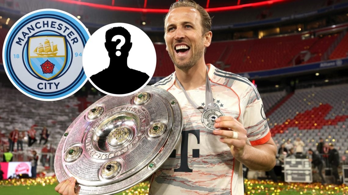 Image of Harry Kane with Manchester City badge and mystery figure inset