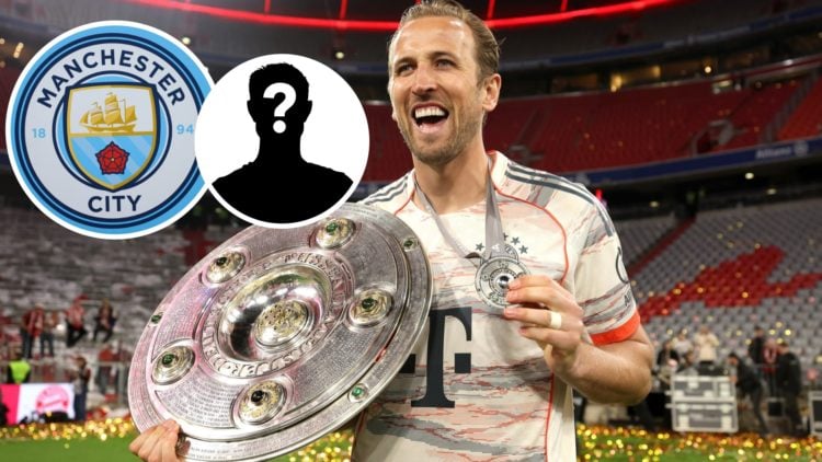 Image of Harry Kane with Manchester City badge and mystery figure inset