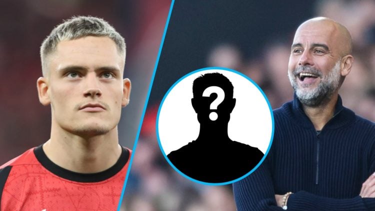 Florian Wirtz for Bayer Leverkusen (left), Manchester City manager Pep Guardiola (right), mystery player (inset)