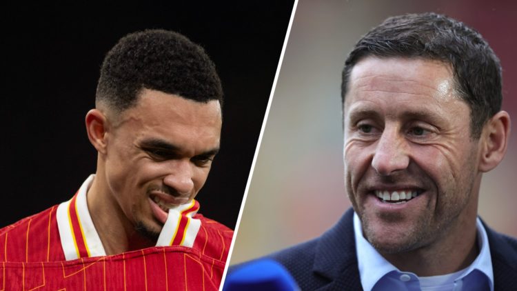 Split image- Trent Alexander-Arnold biting the collar of his Liverpool shirt (left) close up of Michael Brown's face while working as a pundit (right)