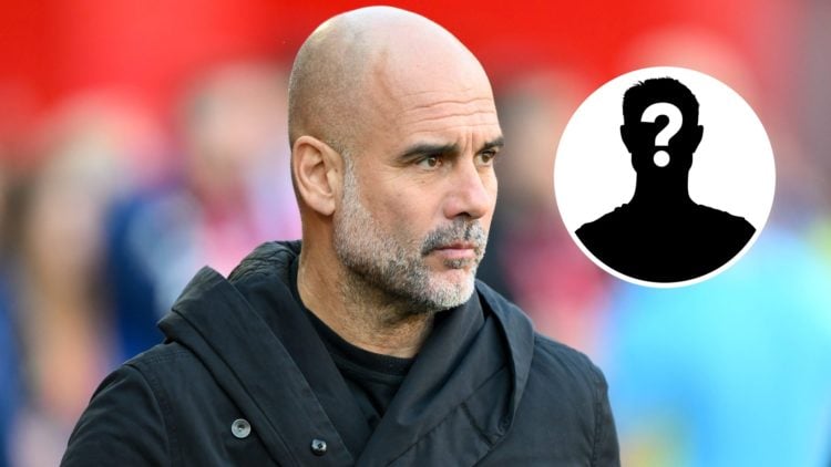 Close up of Pep Guardiola staring into the distance (main image) mystery player inset (top right corner)