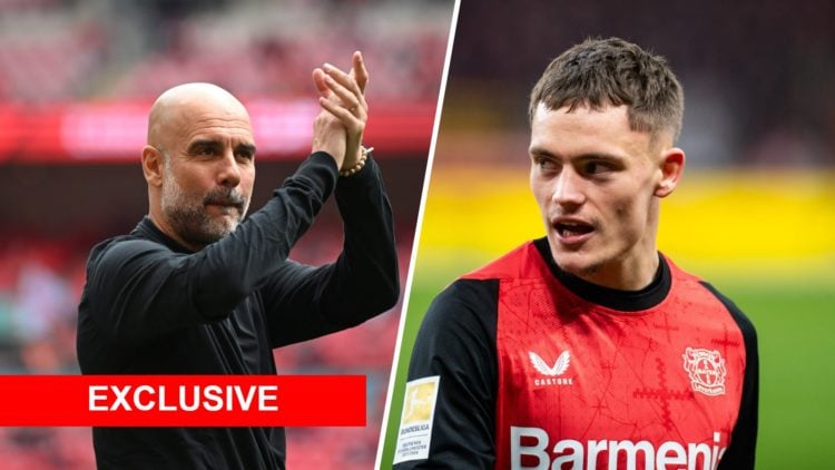 Split image - Pep Guardiola clapping his hands above his head (left) close up of Florian Wirtz's face while playing for Bayer Leverkusen (right) re...
