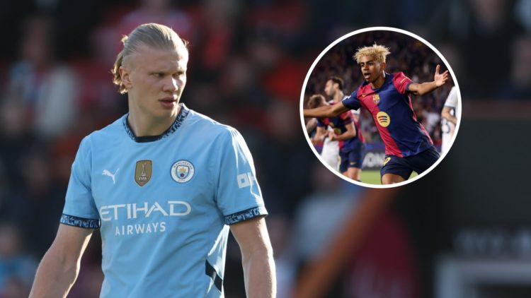 Erling Haaland with a straight face looking to his left in a Man City match (main image) inset of Lamine Yamal with his hands out wide after scorin...