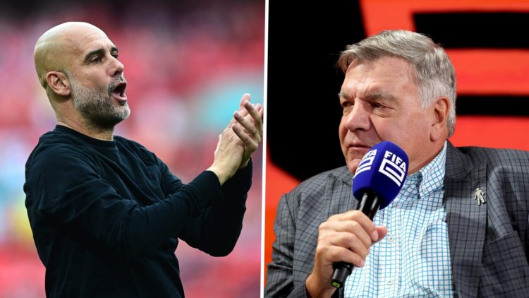 Split image - An excited Pep Guardiola clapping his hands (left) Sam Allardyce in a suit while speaking into a FIFA microphone (right)