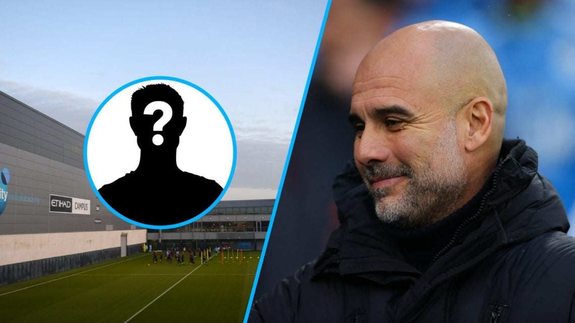 A general view of Manchester City's Etihad Campus training complex (left), Manchester City manager Pep Guardiola (right), mystery player (inset)