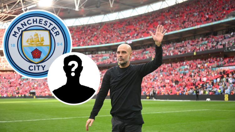 Image of Pep Guardiola at Wembley with Manchester City badge and mystery figure inset
