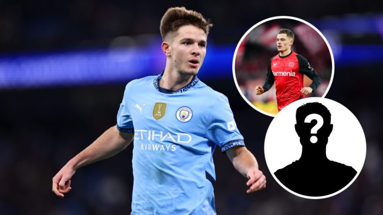 Close up of James McAtee in action for Man City (main image) inset of Florian Wirtz jogging in a Bayer Leverkusen kit (top right corner) inset of a...